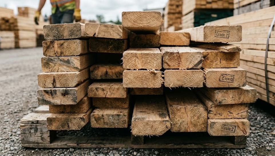 Grade 2 dimensional lumber stacked in the yard