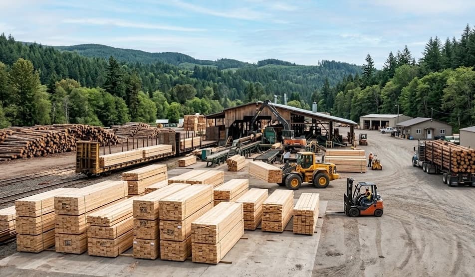 Lumber mill yard with forklifts loading fresh-cut lumber