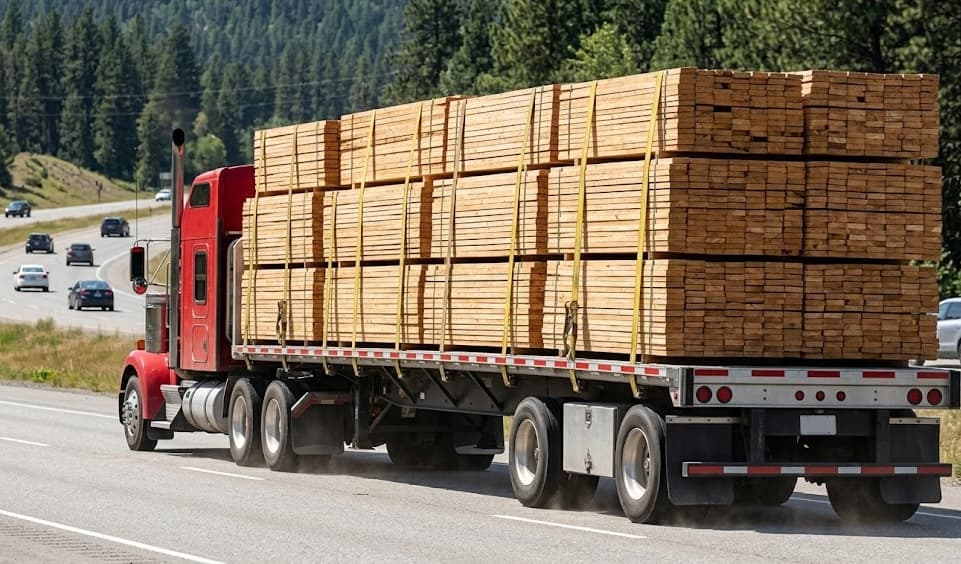 Flatbed truck carrying a full load of lumber for delivery
