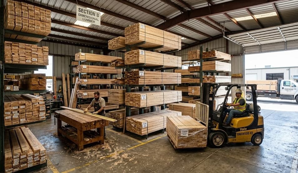 Warehouse with forklift operator organizing dimensional lumber racks